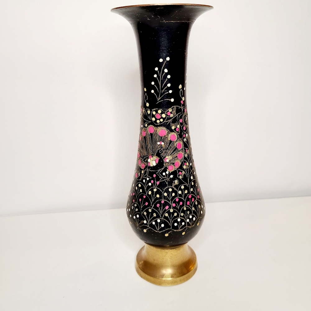 Vintage Brass Handpainted Peacock Vase